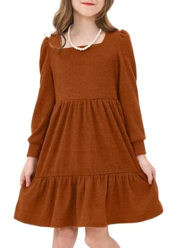 JiAmy Toddler Sweater Dress Girls Winter Square Neck Long Sleeve Tiered Ruffle Casual Dresses with Pocket Camel 4-5 Years - Image 1
