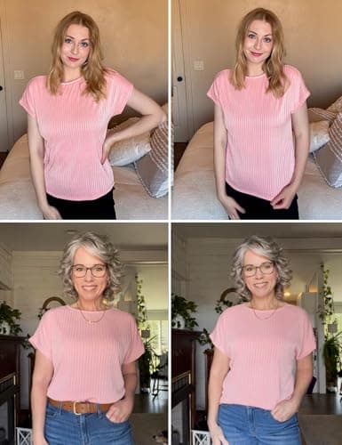 JUSTFASHIONNOW Womens Short Sleeve Tops Business Casual Tops for Women Crew Neck Basic Tees Textured Work Shirts Office Outfits(Pink,XXL) - Thumbnail 4