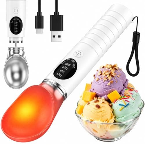 Heated Ice Cream Scoop Rechargeable, Electric Ice Cream Scooper with 4 Temp Modes & LED Display, Heats up to 160°F for Rock-Hard Ice Cream, IPX7 Waterproof Kitchen Gadget for Seniors & Kids (White) - Image 1