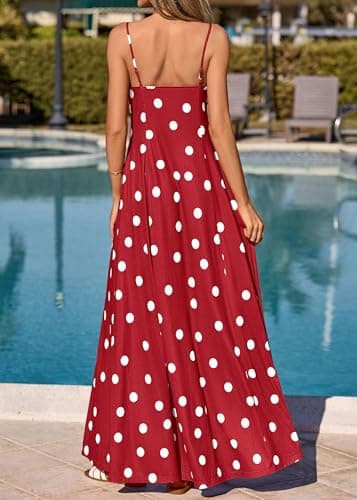 KIRUNDO Polka Dot Dress for Women Summer 2026 Sleeveless Spaghetti Strap Beach Vacation Cruise Boho Long Flowy Maxi Dresses(Red, X-Large) - Thumbnail 6