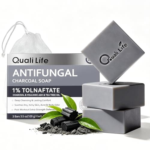 QualiLife Antifungal Soap – Medicated Black Soap for Athlete’s Foot, Jock Itch, Ringworm with 1% Tolnaftate, Charcoal, Volcanic Ash & Tea Tree Oil - 3 Packs