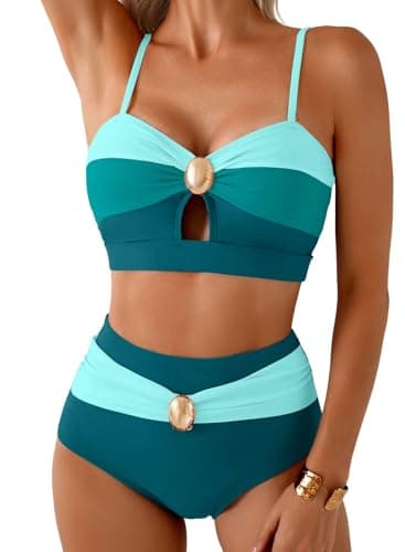 Herseas Women's 2 Piece Green Color Block Bikini Sets Oval Metal Adjustable Straps Popular Swimsuits High Waisted Slimming 2026 Beach Summer Swim Bathing Suits Sexy Pool Party Essentials 2026 Small - Image 1