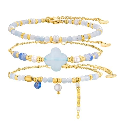 POMODA Beaded Bracelets Set for Women Stackable Healing Layered Bracelets Stack 3PCS Aquamarine Gemstone Crystal Dainty Boho Summer Jewelry for Women Natural Stone 14k Gold Plated - Image 1