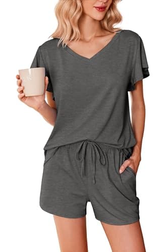 Ekouaer Ladies Pajama Sets Flowers Printed Soft Loungewear Cute Ruffle Sleeve Comfy Sleepwear,Large,Deep Gray