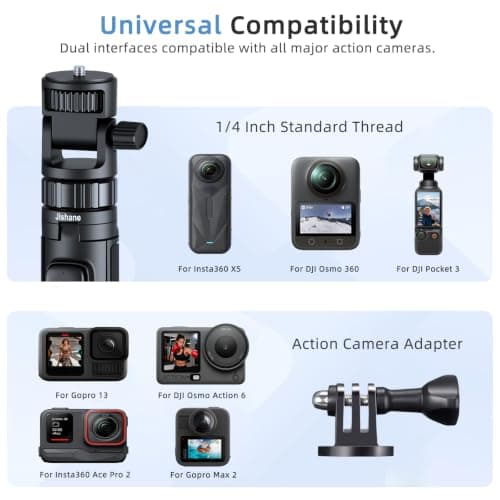 Jishane 70" Action Camera Tripod for DJI, Extendable Selfie Stick Tripod with Action Camera Adapter, Phone Holder, Compatible with DJI Action 6/5 pro/5, Insta360 X5/X4, Gopro Hero 13/12/11/10 - Thumbnail 3