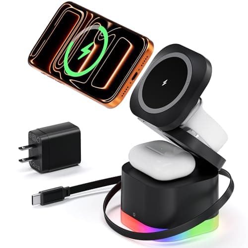 5 in 1 Magnetic Wireless Charger Stand with Night Light, Foldable Wireless Charging Station Built-in Retractable Cable, Fast Wireless Charger for iPhone 17/16/15/14/13/12, Apple Watch, AirPods Pro 3