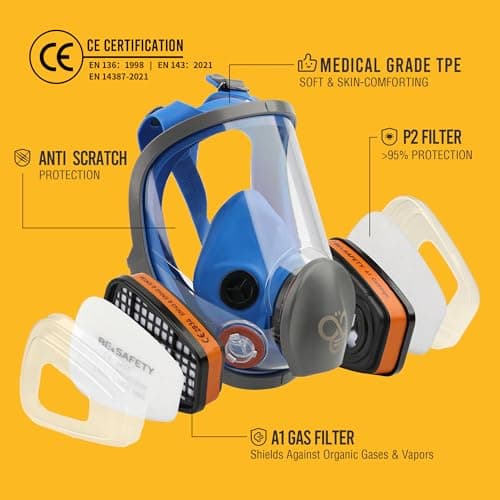 BEESAFETY Full Face Respirator Mask with 2 A1 Organic Vapor Filters & 8 P2 Dust Filters, RF-610 Reusable Respirator for Dust,Gas,Painting, Resin, Chemical,Sanding, Renovation - Thumbnail 3