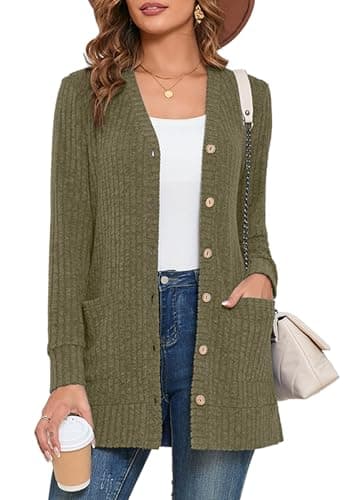 Heymoments Women's Long Sleeve Open Front Cardigan Olive Large Button Down Ladies Loose Sweater 2026 Fall Winter Lightweight Knit Outerwear Coat with Pocket - Image 1