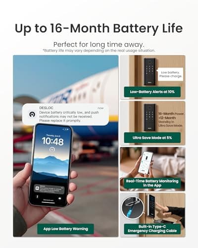 DESLOC Smart Lock K120 with GPT 3D Fingerprint, 15,000mAh Battery (Up to 13 Months), Keyless Entry Door Lock with Built-in WiFi, IP65 BHMA Grade 3 Deadbolt for Home, Rental & Airbnb, Black - Thumbnail 2