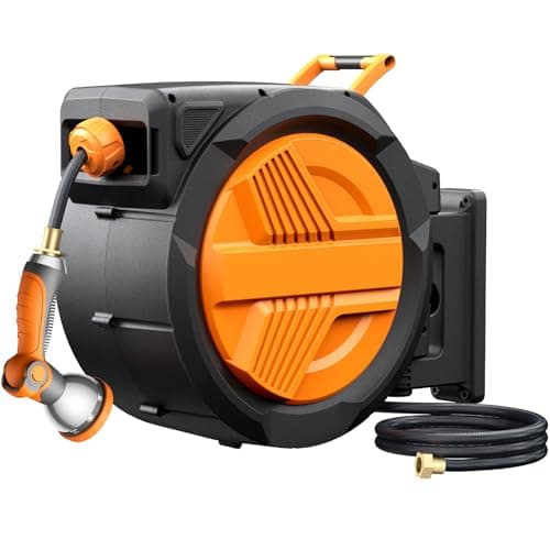 Retractable Garden Hose Reel 1/2” x 100ft, Auto Rewind Hose Reels for Outside, Heavy-Duty Wall-Mounted Outdoor Hose, 10-Mode Nozzle, Adjustable Length, 180° Rotation for Watering, Car Washing - Image 1