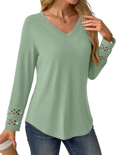 GKBK Women’s Long Sleeve V Neck Tunic Top Casual Dressy Blouse Business Loose Fit Trendy 2025 Fall Outfits Light Green XL - Thumbnail 3