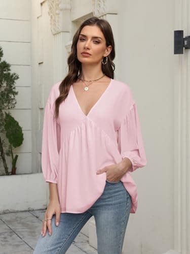 Aotasely Women's Flowy Peplum Babydoll Tops 3/4 Length Puff Sleeve Shirts Trendy Casual Loose Fit Blouse V Neck Outfits Pink - Thumbnail 4