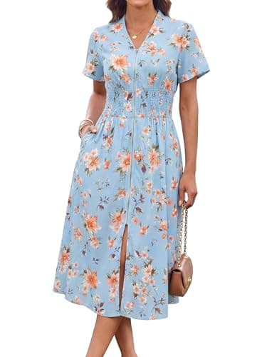 GRACE KARIN Womens Summer Maxi Floral Dress Casual 2026 Long Zipper Dresses Boho Flowy Beach Vacation Sundress with Pockets Light Blue Floral S - Image 1