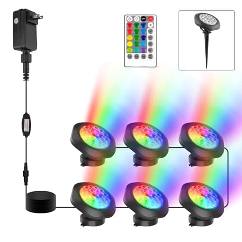 CREPOW RGBW Pond Lights with Timer, LED Underwater Submersible Fountain Light, Remote Control IP68 Waterproof Color Changing Landscape Spotlights for Fish Aquarium Tank Garden Yard Pool (Set of 6)