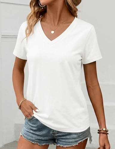 LaGracia Women's Cotton T Shirt V-Neck Short Sleeve Shirt Classic-Fit Casual Breathable Tee Summer Basic Tops White XL - Thumbnail 4
