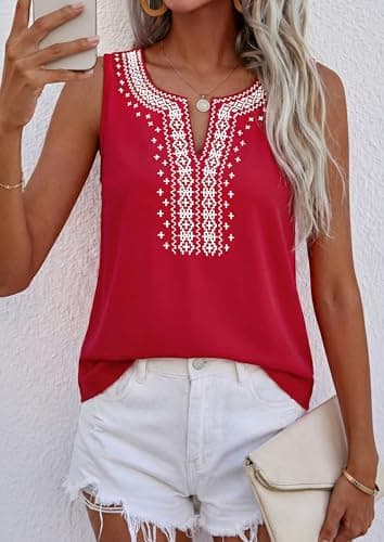 PRETTYGARDEN Womens Tank Tops 2026 Summer Causal V Neck Sleeveless Shirts Floral Print Embroidered Beach Vacation Boho Top(Red,Large) - Thumbnail 2
