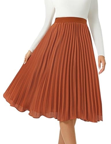 Women's Midi Skirt Elastic High Waist Pleated Skirt Knee Length Swing A-Line Casual Flowy Skirts 2025 Red Brown,L - Image 1
