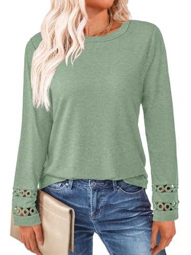 GKBK Womens Long Sleeve Tops Business Dressy Casual Blouses Crewneck Loose Fit Lightweight T Shirts Cute Work Tee Ladies Tunic 2025 Fall Winter Fashion Clothes Trendy Outfits Light Green S - Thumbnail 2
