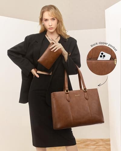 LOVEVOOK Laptop Tote Bag for Women, 15.6 Inch Vintage PU Leather Work Bag with Wristlet, Professional Computer Briefcase for Teacher,Office, Daily (Brown) - Thumbnail 2