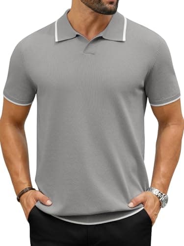 Hardaddy Men's Short Sleeve Knit Polo Shirts V Neck Color Block Lightweight Casual Collared Golf Shirt Gray 3XL - Image 1