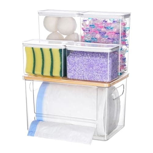 iCASA Trash Bag Holder Laundry Pods Container - 5 in 1 Garbage Bag Dispenser for 13/30/33 Gallon Bags, Clear Stackable Kitchen Under Sink Organizer Dishwasher Pod Storage Home Organization Must Haves - Image 1