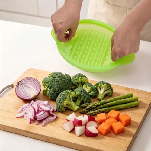 Microwave Steamer Cooker Collapsible Bowl-Silicone Steamer Cookware with Handle Lid for Vegetables Fish Prep Meal Food with Removable Rack BPA Free, Easy to Store, Freezer & Dishwasher Safe, Large - Thumbnail 5