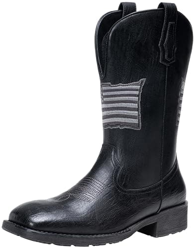 Jousen Cowboy Boots for Men with Flag Embroidery Square Toe Boots for Men Classic (AMY8423 black 09)