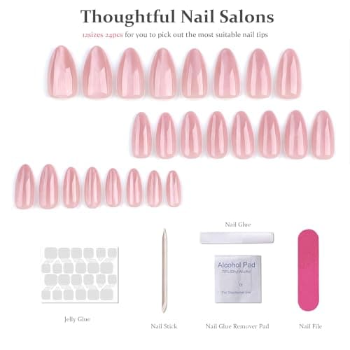 Nude Press On Nails Cat Eye - Almond Soft Gel Flexible Nails with Subtle Shimmer, Long-Lasting Chip-Free Reusable Manicure for Women DIY Nail Art, 24Pcs Nail Kit with Glue, Tabs, File, Prep Pad, Stick - Thumbnail 5