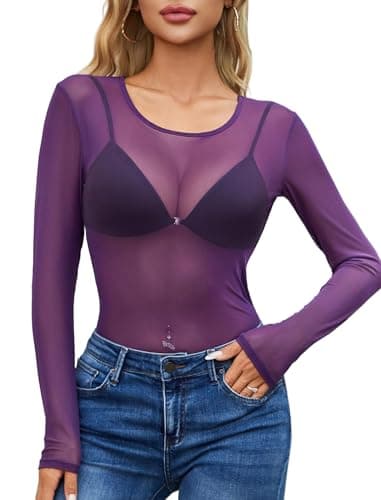 Avidlove Sheer Shirt Mesh Long Sleeve Top Going Out Tops for Women Mesh Undershirt Fashion Clothing Purple XXL - Image 1