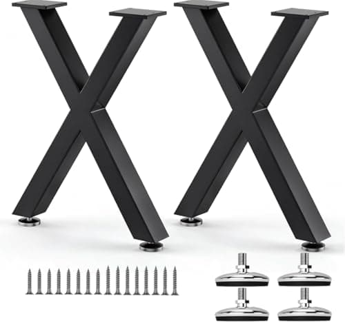 SNYXXOZ Coffee Table Legs 16H x 11.7W Heavy Duty Metal Bench Legs, X- Shape Dining Table Kitchen Table Office Desk Table Base Replacement with Adjustable Feet Pads Screws 1000 LBS Load Black Set of 2