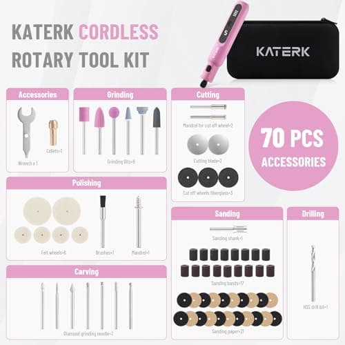 Katerk Mini Cordless Rotary Tool, 5-Speed Rotary Tool Kit, 5000-20000RPM & 70 Accessories, Multi-Purpose 3.7V Power Rotary Tool for Sanding, Engraving, Polishing, Drilling, 3D Printing, DIY Crafts - Thumbnail 6