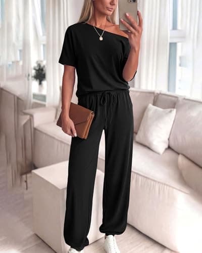 Zenlonr Women Summer 2 Piece Outfits 2026 Off Shoulder Short Sleeve Tops Elastic Waist Drawstring Long Pants Tracksuit(Black,X-Large) - Thumbnail 4
