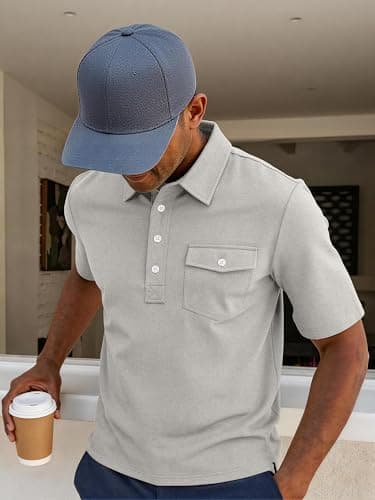 JEMLDL Mens Polo Shirt Quick Dry Short Sleeve Casual Summer Polo Tee with Pocket Classic Collared Golf Stylish Tops Light Gray XXL - Thumbnail 3