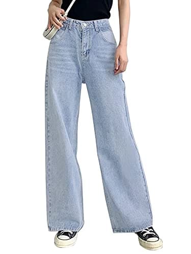 HDLTE Women's Wide Leg High Waist Baggy Blue Washed, Sky Blue Jeans - Image 1