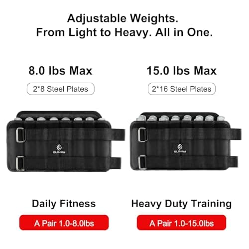 ELEAMY Adjustable Ankle Weights 1-8/15 LBS 1 Pair, Leg Weights for Men Women with Removable Steel Plates, Ankle Weights for Walking Running Yoga Swimming Gym Home Workout Rehabilitation Training (Black, 8.0 Pounds) - Thumbnail 3
