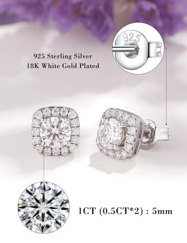 IMOLOVE Moissanite Stud Earrings Lab Created Moissanite Earrings in Sterling Silver Trendy Square Halo Earrings for Women Men D Color Round Cut - Thumbnail 2