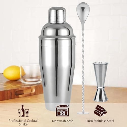 Cocktail Shaker, 24 oz Martini Shaker, Drink Shaker Built-in Strainer, Professional Drink Mixer Set for Beginners, with Measuring Cup and Stirring Spoon, Silver - Thumbnail 6