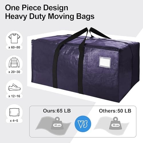 VELVETSURE 12 Pack Heavy Duty Large Moving Bags W/Backpack Straps - Strong Handles & Zippers, Storage Totes, Fold Flat, Alternative to Moving Box and Storage Bin, Semi-Transparent+Blue+Black - Thumbnail 5