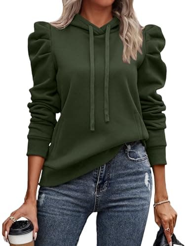 UEAL Womens Sweatshirts 2025 Trendy Puff Sleeve Drawstring Pullover Hoodies Fall Fashion Outfits Tops Clothes X-Large Army Green - Image 1