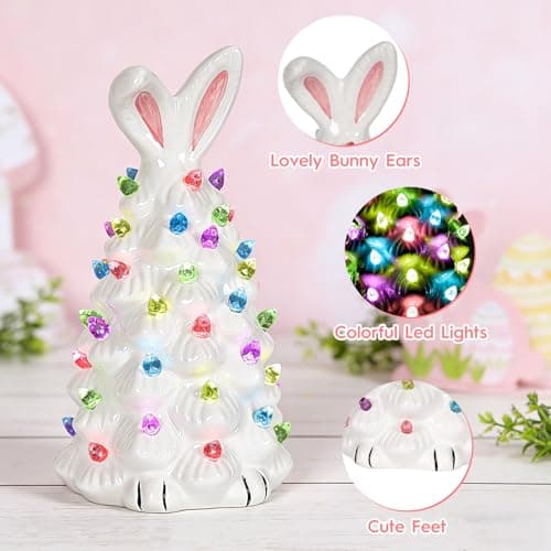 WYEDJHF Cute Ceramic Easter Tree Bunny Decor, Light up Easter Bunny Decor Spring Decorations for Indoor Bedroom Office Decor Tabletop for Kid Gifts (White) - Thumbnail 3