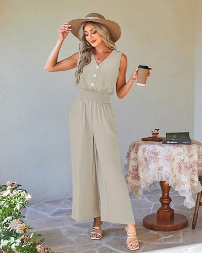 LOOKBOHO Women Spring Jumpsuits Dressy Casual One Piece Outfits Sleeveless V Neck Wide Leg Pants Elegant Rompers(AT,XXL) - Thumbnail 4
