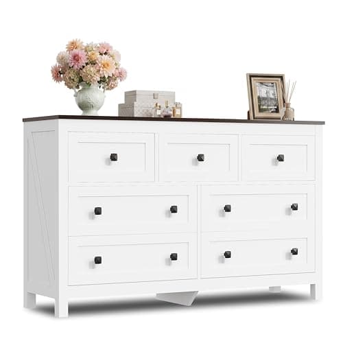 GALAXHERO Farmhouse TV Stand, 51.18" Wide 7 Drawer Media Console for 65" TV, Wooden Storage Cabinet for Living Room, Hallway, White