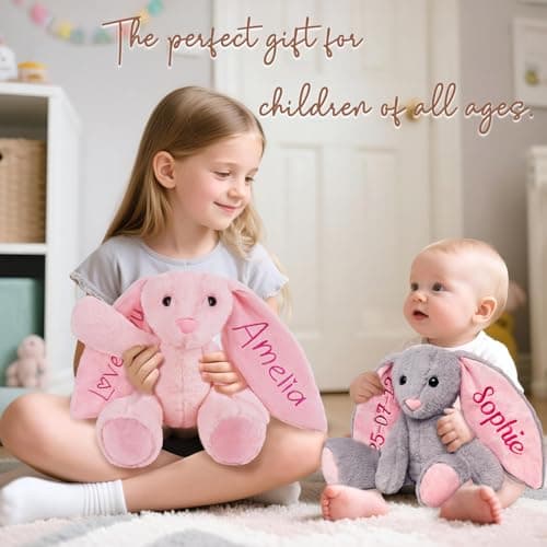 Custom Embroidered Plush Bunny with Name, Personalized Baby Plush Toys, Personalized Bunny Stuffed Animal, Toys for 1+ Years Old Girls, Easter Birthday Gifts for Baby Girls Boys Toddlers Newborn - Thumbnail 2