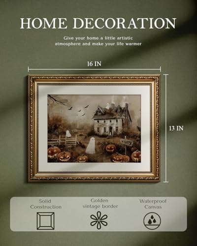Vintage Gold Framed Spooky Halloween Wall Art, 13x16 Haunted House Jack-o’-Lanterns Bats Canvas Painting Print, Ghosts Pumpkins Halloween Picture Holiday Home Room Atmospheric Decor - Thumbnail 3