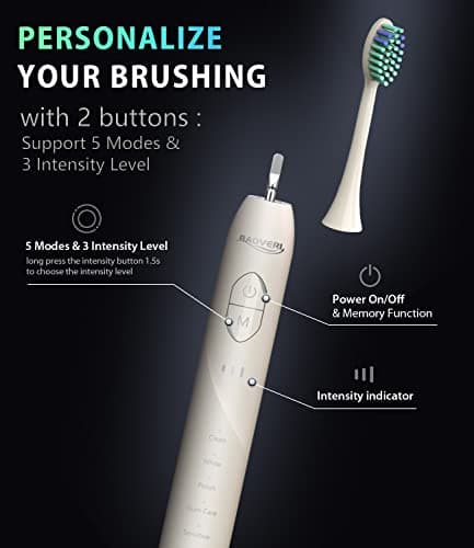 BAOVERI Electric Toothbrush for Adults&Kids, 42000 VPM Rechargeable Sonic Toothbrushe with 8 Brush Heads, 5 Modes & 3 Intensity Levels, IPX7 Waterproof, 2-Min Smart Timer, 4 H Fast Charge for 60 Days - Thumbnail 2