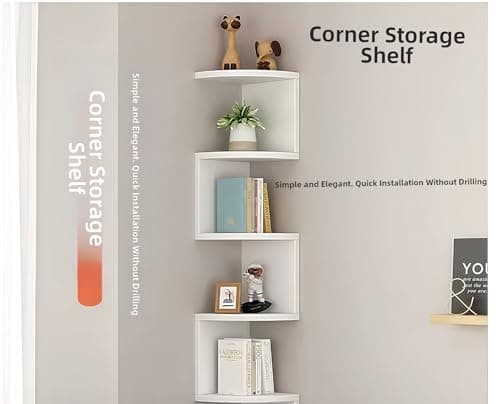 FRAWENLECO No-Drill Corner Shelf Wall Mount, 5-Tier Floating Corner Bookshelf with Hooks, Space-Saving Zigzag Plant Shelf for Bedroom, Living Room, Bathroom, Home Office - Thumbnail 3