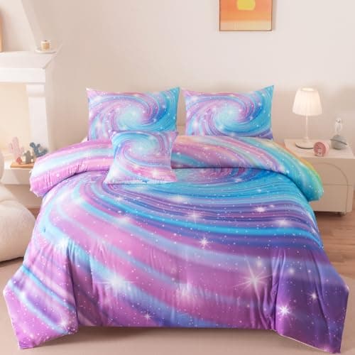 ASKOTU Full Bedding Set for Girls, Purple Glitter Stars Comforter Set for Girls, Galaxy Bedding Sets Full Size