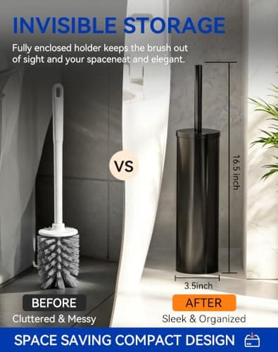 Dowry Toilet Bowl Brush and Holder for Bathroom, Deep Cleaning Toilet Brush and Holder Set with Long Handle, Hidden Toilet Bowl Scrubber with Replaceable Head,Modern Decor Black Round - Thumbnail 6