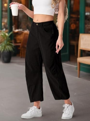 IWOLLENCE Women's Corduroy Barrel Pants Mid-Rise Elastic Waist Casual Cord Wide Legs Baggy Pant with Pockets Trendy Fall Black, L - Thumbnail 3