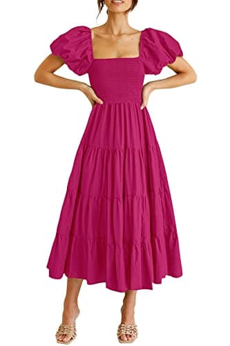 PRETTYGARDEN Women's Casual Summer Midi Dress Puffy Short Sleeve Square Neck Smocked Tiered Ruffle Dresses (Dark Rose Red,Medium) - Image 1